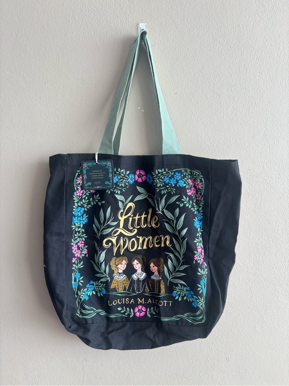 Little Women Black Canvas Tote Full Color Graphic with Mint Handles